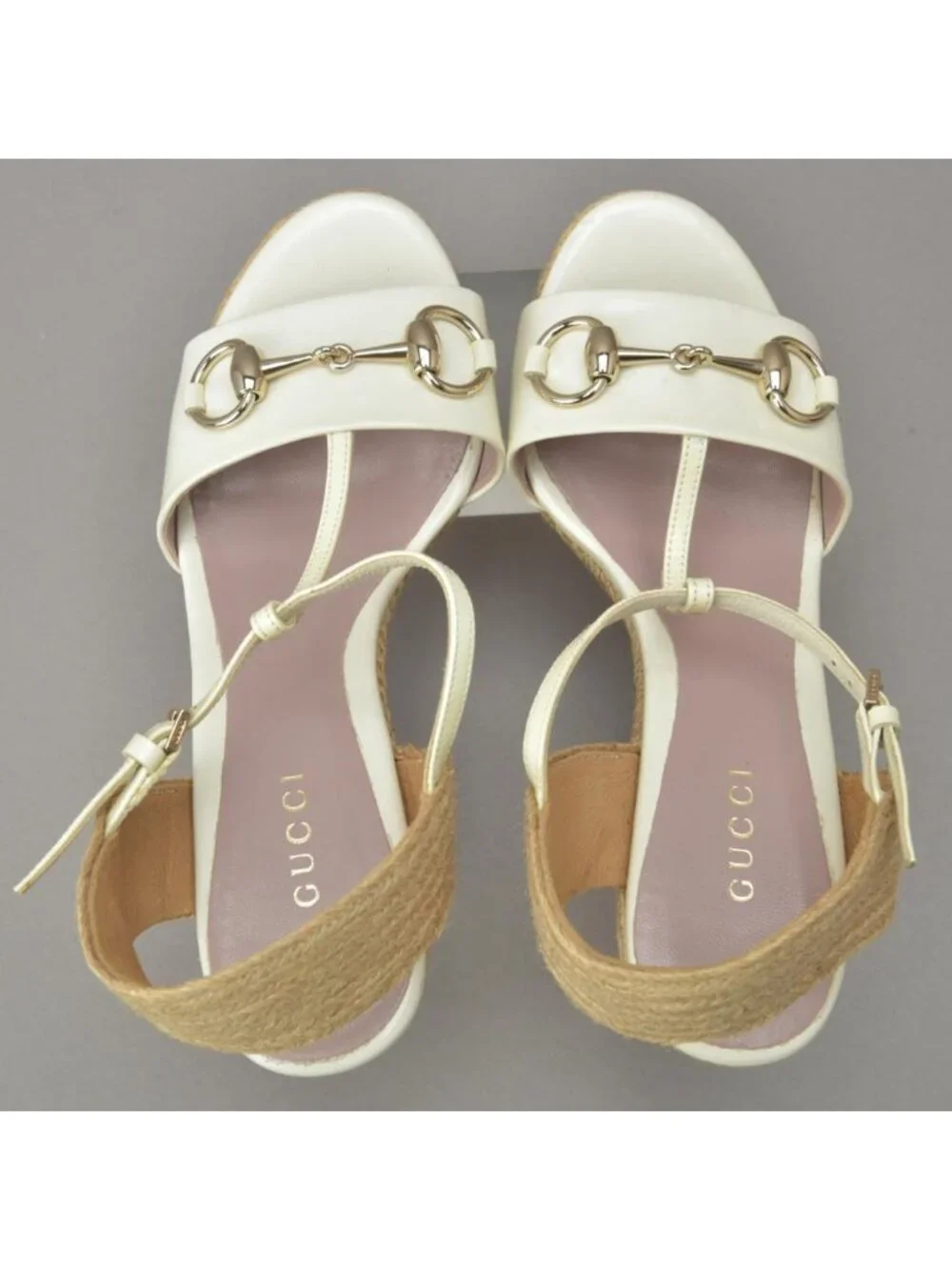 Gucci Horsebit Wedge Sole Sandals Enamel White 34